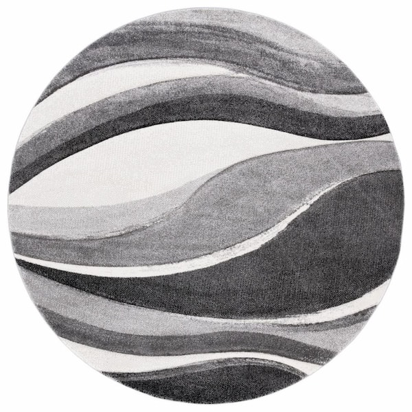 Hollywood 8 ft. x 8 ft. Gray/Ivory Gradient Waves Round Area Rug