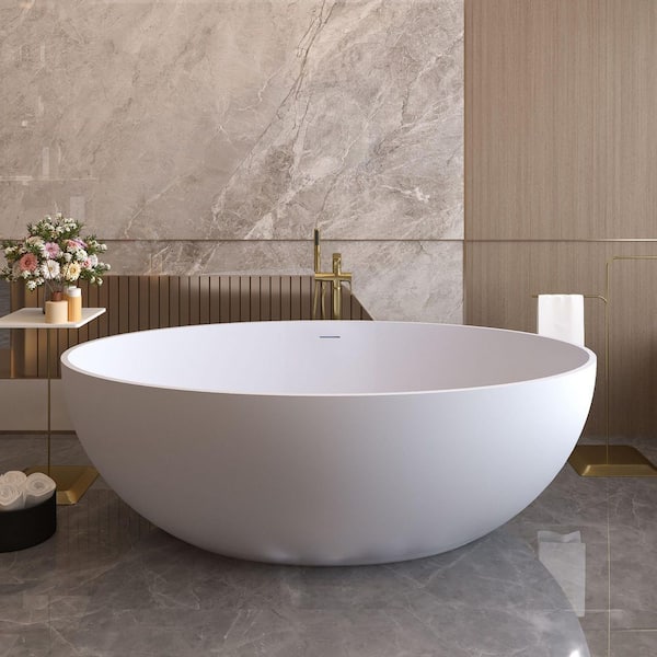 Foyil 67 in. Stone Resin Flatbottom Solid Surface Freestanding Double Slipper Soaking Bathtub in White with Brass Drain