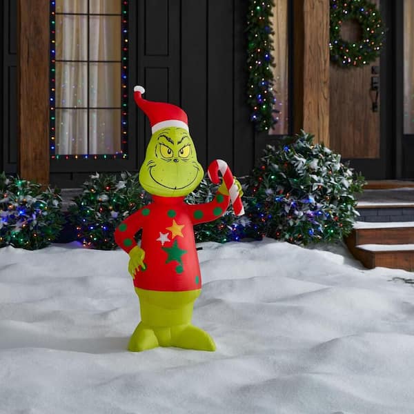 4 ft LED Airblown Holiday Lights Grinch in Ugly Sweater with Candy Cane