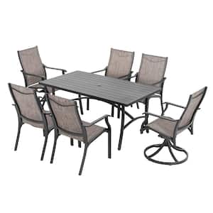Grayish Brown 7-Piece Aluminum Textilene Outdoor Dining Set with Umbrella Hole, Stationary and Swivel Chairs