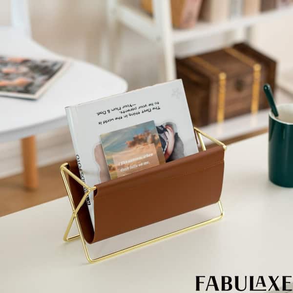 Contemporary and Classic Gold-Tone Metal Magazine Holder Spacious Brown Faux Leather Compartments