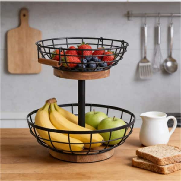 1 Piece Metal 2-Tier Fruit Basket Bowl with Acacia Wooden Base Banana Hanger, Fruit Basket for Kitchen Counter Organizer