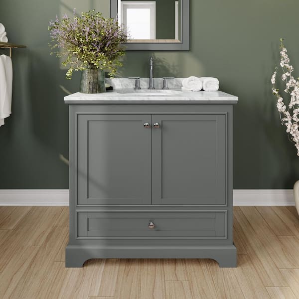 Wyndham Collection Deborah 36 in. Single Vanity in Dark Gray with Marble Vanity Top in White Carrara with White Basin and 24 in. Mirror