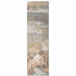 2' X 8' Sage Pink And Cream Abstract Power Loom Stain Resistant Runner Rug