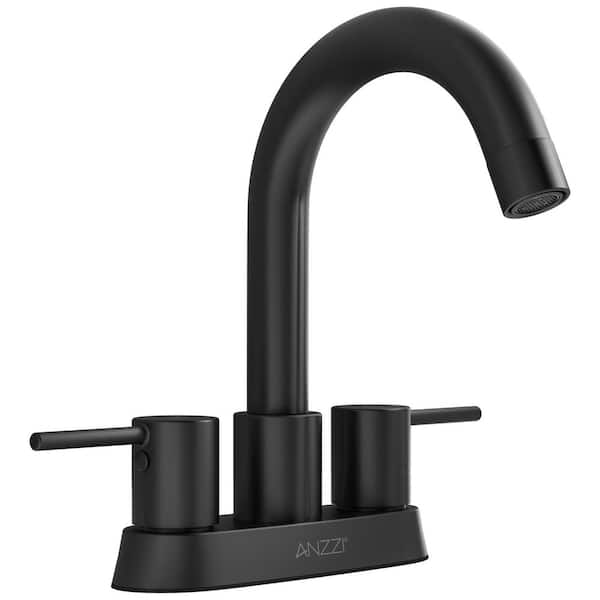 Remnants 4 in. Centerset Double Handle Mid Arc Bathroom Sink Faucet with Drain Kit and Deckplate in Matte Black