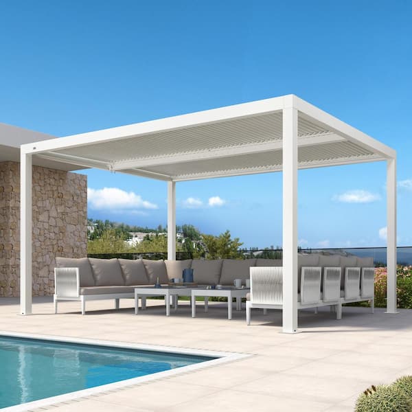 PURPLE LEAF 11 ft. x 14 ft. White Aluminum Frame Outdoor Patio Louvered Pergola Gazebo with Adjustable Sunshade Rainproof Roof