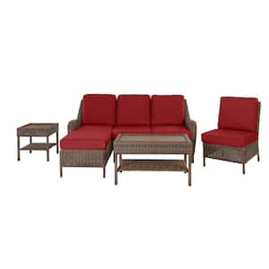 Cambridge 5-Piece Brown Wicker Outdoor Patio Sectional Sofa Seating Set with CushionGuard Chili Red Cushions