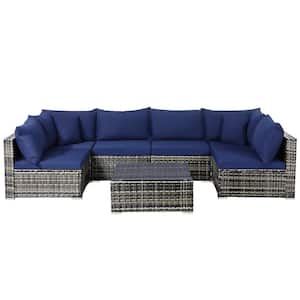 7-Pieces Patio Rattan Furniture Set Sectional Sofa Garden Navy Cushion