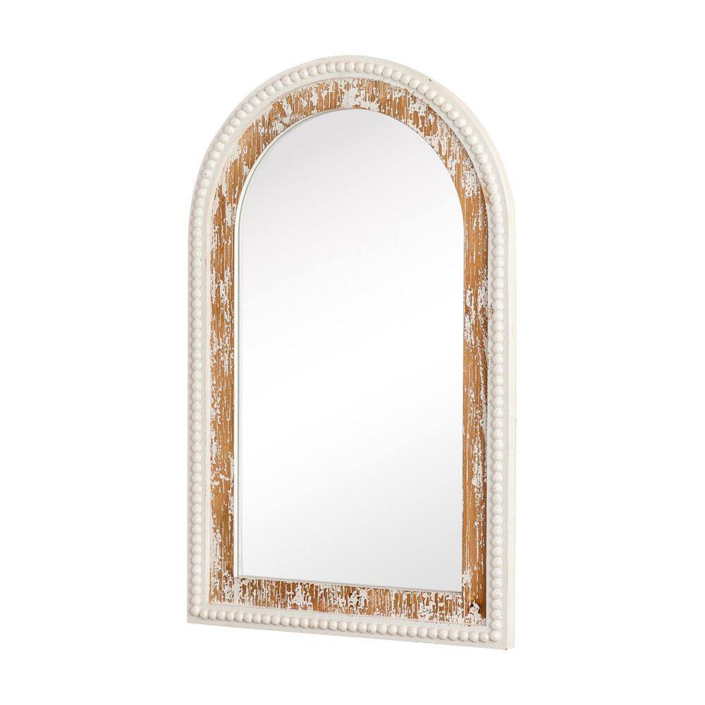 Antique White Arched Wood Vanity Wall Mirror with Beaded Frame