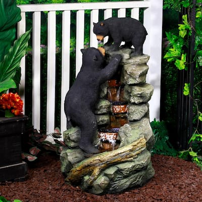 36 in. Tall Outdoor 2 Bears Climbing on Rainforest Water Fountain