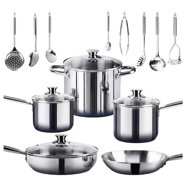 14-Piece Mirror Polished Stainless Steel Cookware Set Nickel Free Non-Toxic Induction Safe with Utensils