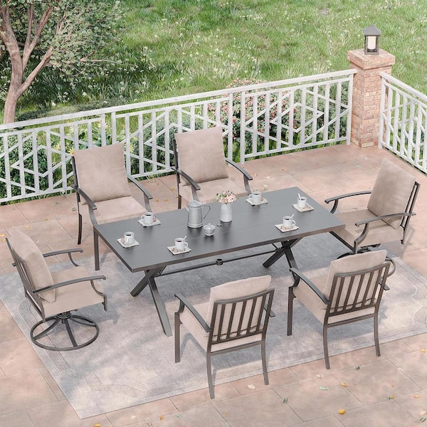 Halmuz 7-Piece Metal Patio Outdoor Dining Set with 2 Swivel Chairs, 4 Chairs, Large Table, Umbrella Hole and Sand Cushions
