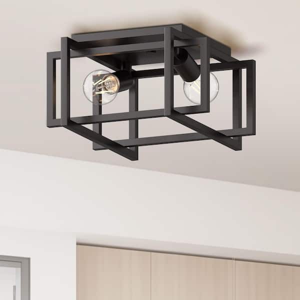 Briignite 15 in.3-Light Black Industrial Semi- Flush Mount with Square Shade
