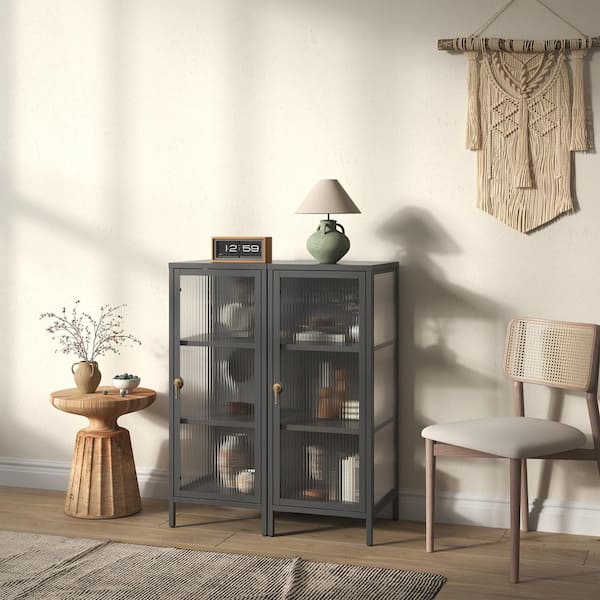 Glamour Home Benoite 40.02 in. Tall Black Steel 3-Shelf 1-Door Bookcase with Fluted Clear Door and Gold Hardware