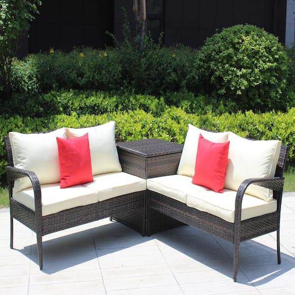 Unbranded 3-Piece Patio Brown Wicker Rattan Patio Conversation Sectional Sofa Furniture Set with Beige Cushions