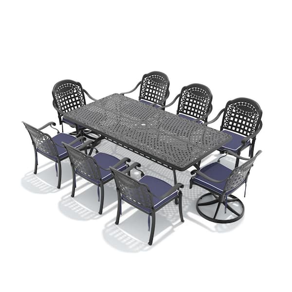 Black 9-Piece Cast Aluminum Outdoor Dining Set with Blue Cushions with Dining Chairs, Swivel Rockers and Dining Table