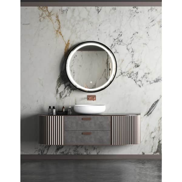 Unbranded 24 in. W x 24 in. H Round Black Metal Framed Wall Light Bathroom Vanity Mirror, Dimmable Touch, Anti-Fog, Switch Control