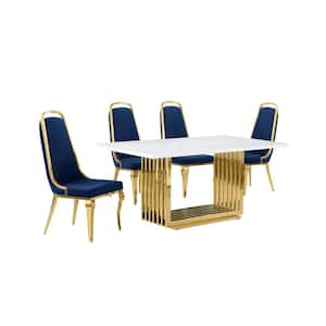 Lisa 5-Piece Rectangular White Marble Top Gold Chrome Base Dining Set with Navy Blue Velvet Chairs Seats 4