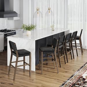 Cohen 29 in. Mid-Century Modern Brushed Black Solid Wood Bar Stool with Faux Leather Cushioned Seat and Back (Set of 6)
