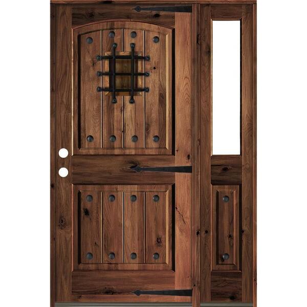 Krosswood Doors 56 in. x 80 in. Medit. Knotty Alder Right-Hand/Inswing Clear Glass Red Mahogany Stain Wood Prehung Front Door w/RHSL