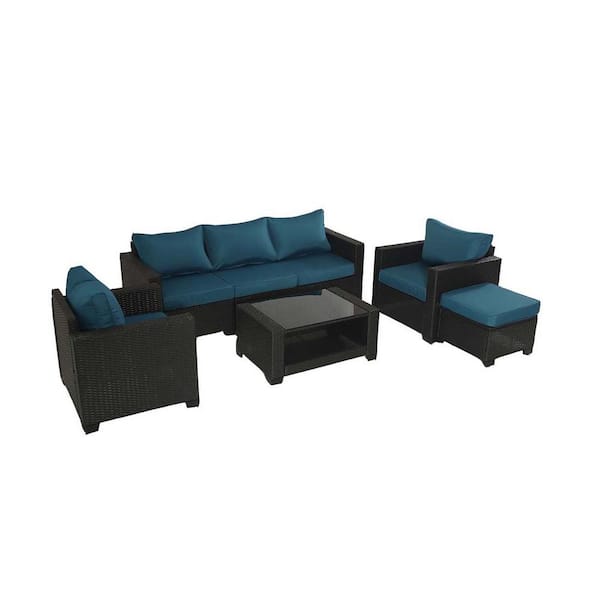 Zeus & Ruta 7-Piece Wicker Outdoor Sectional Sofa, Hand-Woven Patio Conversation Set with Coffee Table and Peacock Blue Cushions