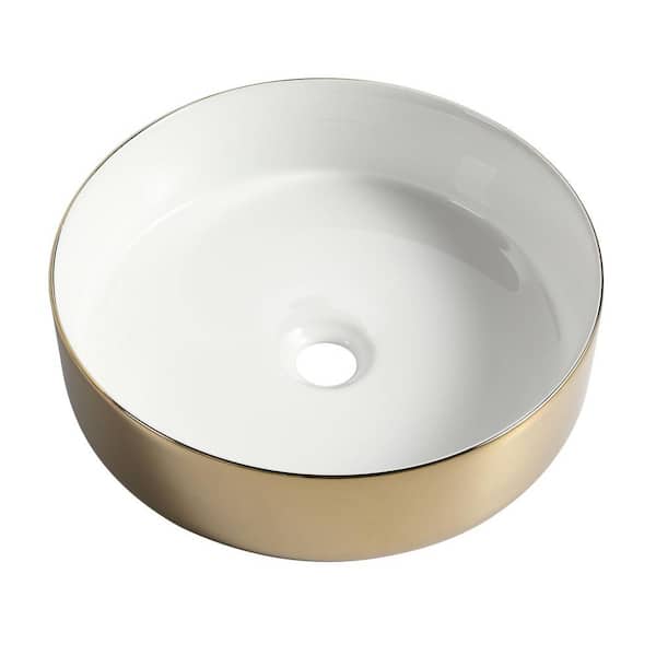 Miscool Anky Golden White Ceramic 16 in. Round Bathroom Vessel Sink