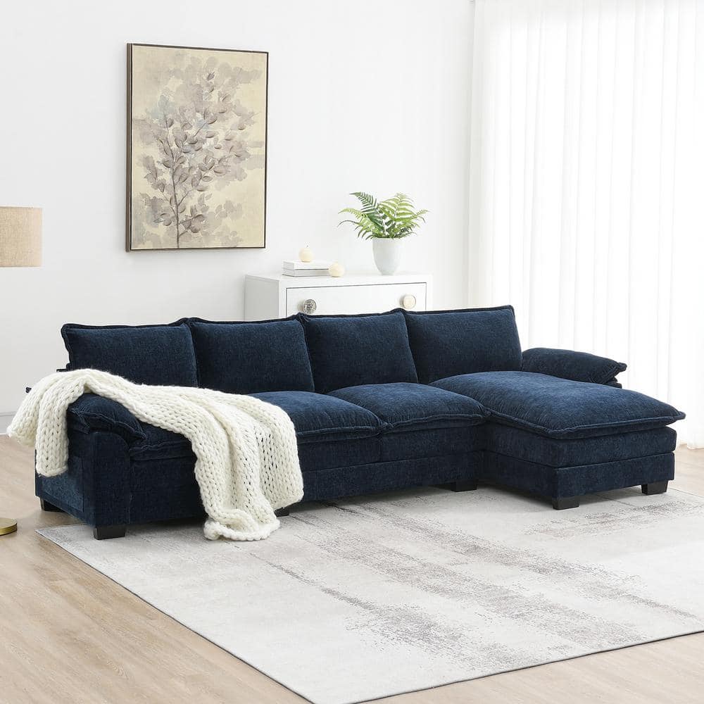 118 in. x 55 in. Pillow Top Arm Chenille L Shaped Cloud Sofa with Double Seat Cushions in Navy Blue
