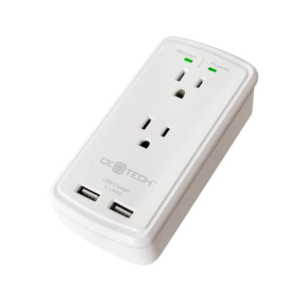 CE TECH 2-Outlet USB Wall Tap Surge Protector, White