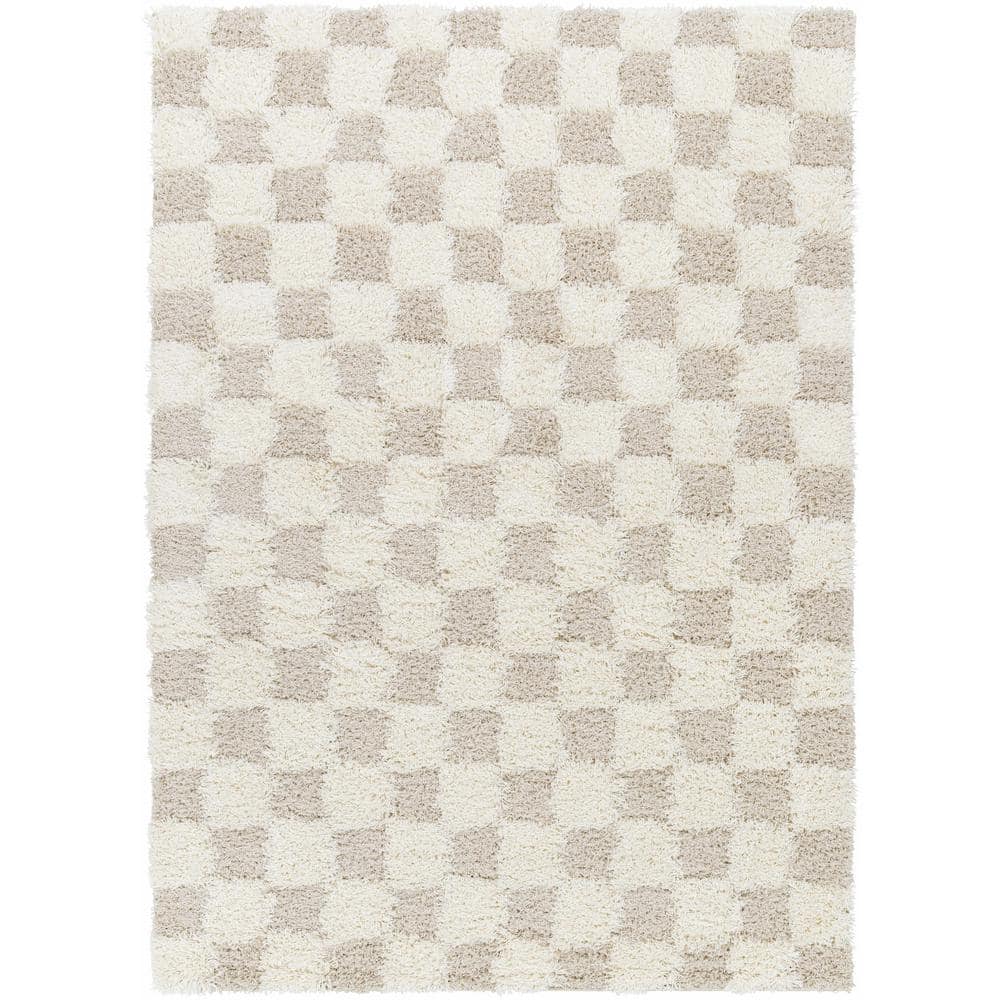 Hauteloom Etiler Checkered Shag Area Rug - Checkboard Design - High Pile Fluffy Shaggy Touch - Square Tiles - Kids Room, Nursery, Living Room Shaggy Carpet - Beige, Cream, White - 7'10" x 10'3"