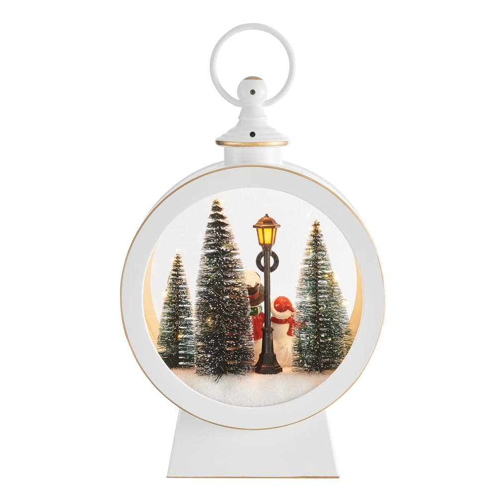 White Oval Lighted Winter Snowman Scene Diorama Lantern