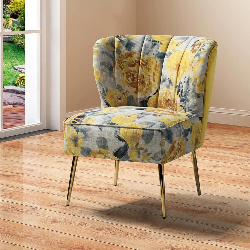 Yellow Floral Tufted Slipper Chair with Gold Metal Legs