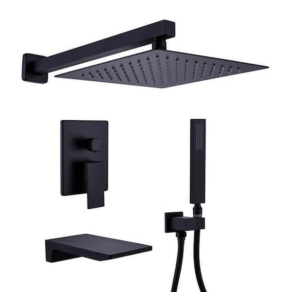 GIVING TREE 2-Spray 12 in. Square Rain Shower Head with Hand Shower and Waterfall Tub Faucet in Matte Black (Valve Included)