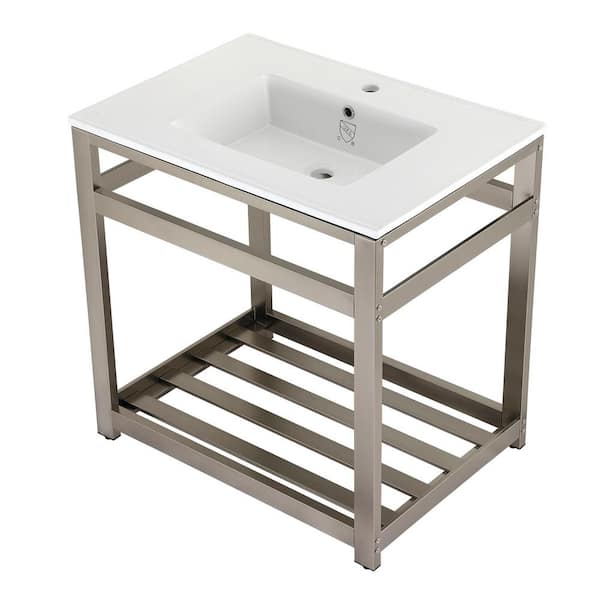 31 in. Ceramic Console Sink (1-Hole) with Stainless Steel Base in Brushed Nickel