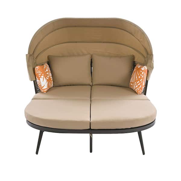Sudzendf 2-Piece Patio Furniture Brown Seasonal Wicker Outdoor Back Loveseat Sofa Set with Retractable Canopy Cushions