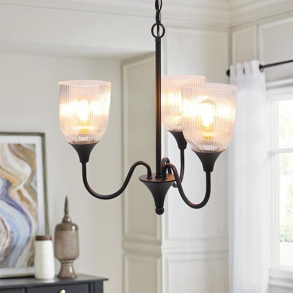Sunpez 17.5 in. W, 3-Light Black Chandelier Hanging Lighting Fixture w/ Glass Shaded for Kitchen Island, E26 No Bulbs Included