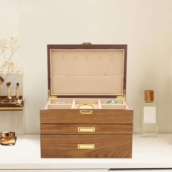 Jewelry Organizer With Earring Holder & Necklace Hooks - Wood & Metal Stand With Ring Tray, 72 Holes, 12 Hooks, 20 Slots