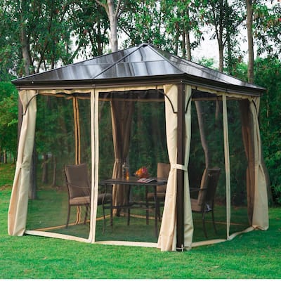 10 ft. x 10 ft. Aluminum Frame and Polycarbonate Hardtop Gazebo Canopy Cover with Mesh Net Curtains and Durability