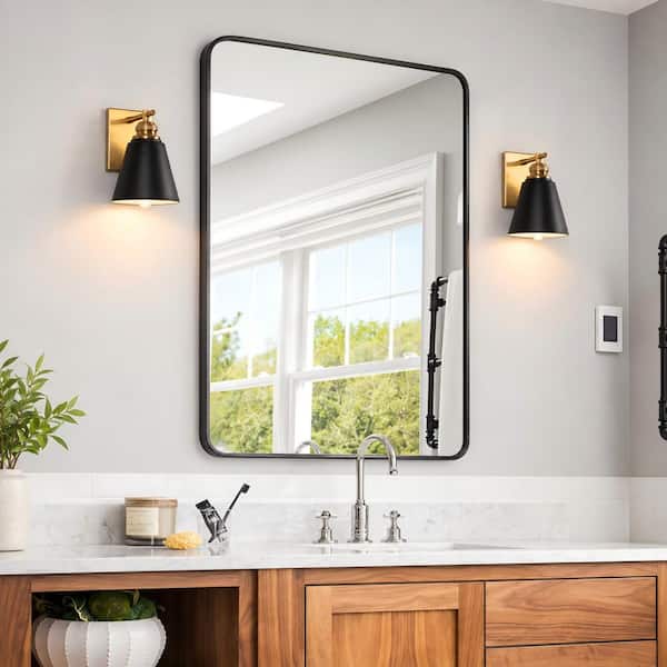 Modern 6 in. 1-Light Brushed Gold Vanity Light with Black Metal Shades(Set-2)