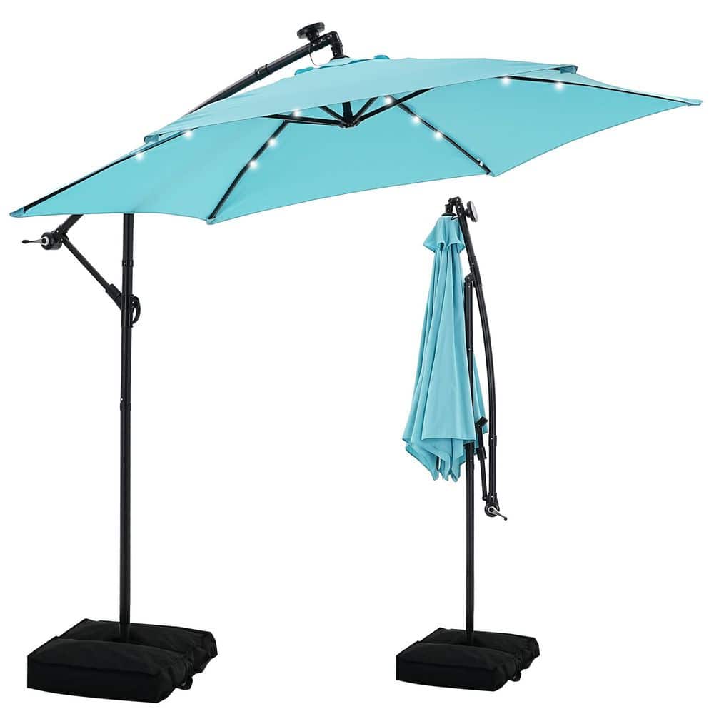 10 ft. Steel Cantilever Market Solar LED Outdoor Patio Umbrella in Blue Offset with Base Stand price history on PriceWatchPro