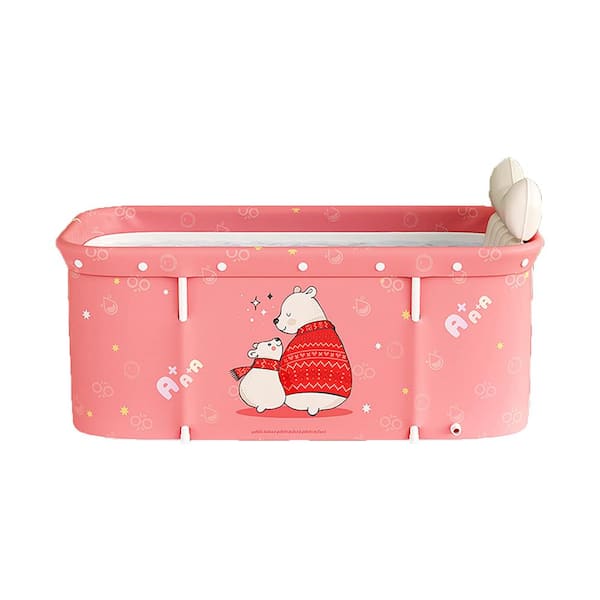 Extra Large 47.2 in. x 21.7 in. Portable Plastic Soaking Bathtub with Right Drain in Pink Bear