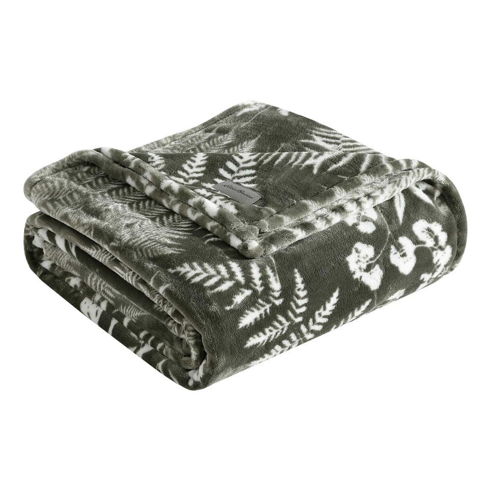Twin Green Fern Pattern Plush Fleece Reversible Blanket