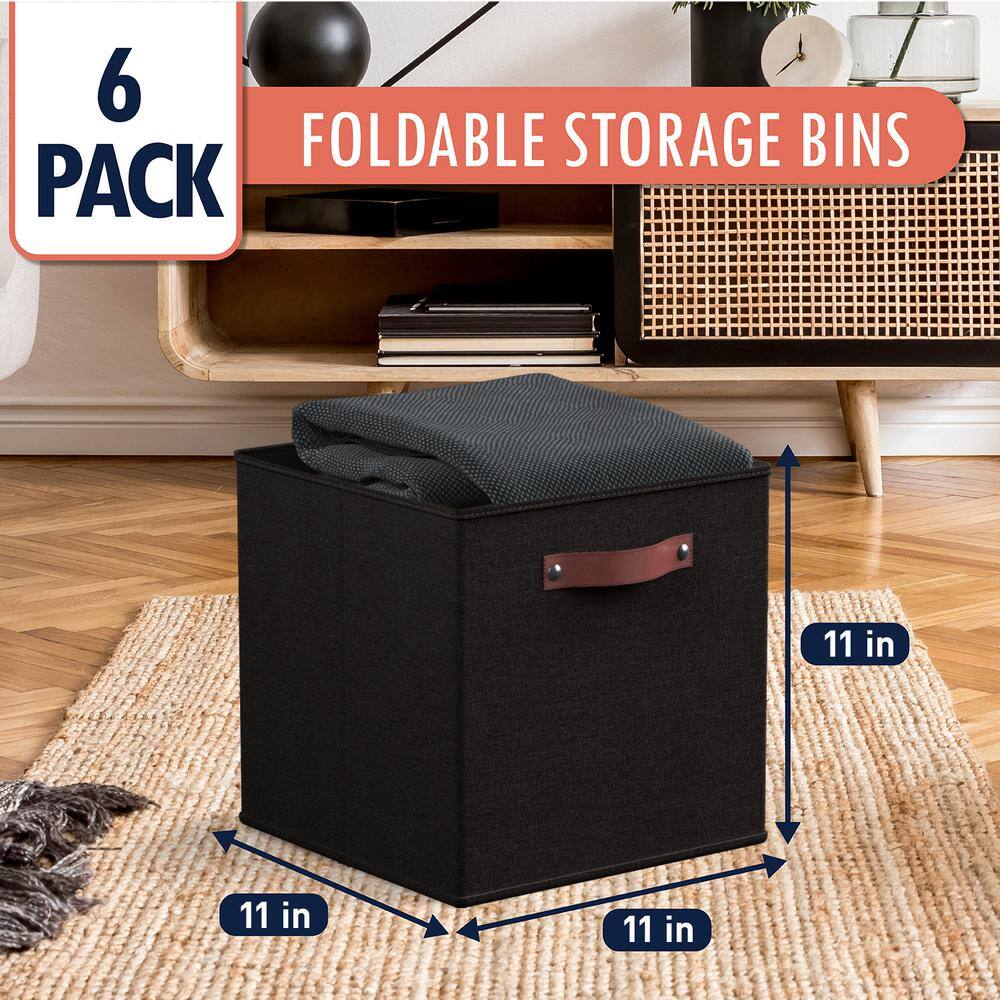 Black Linen Cube Storage Bins with Leather Handles, Set of 6
