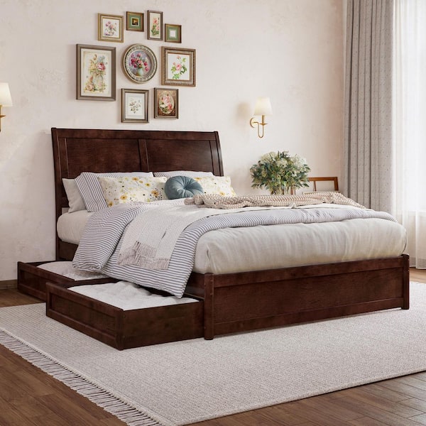 Andorra Walnut Brown Solid Wood Frame Full Platform Bed with Panel Footboard and Storage-Drawers