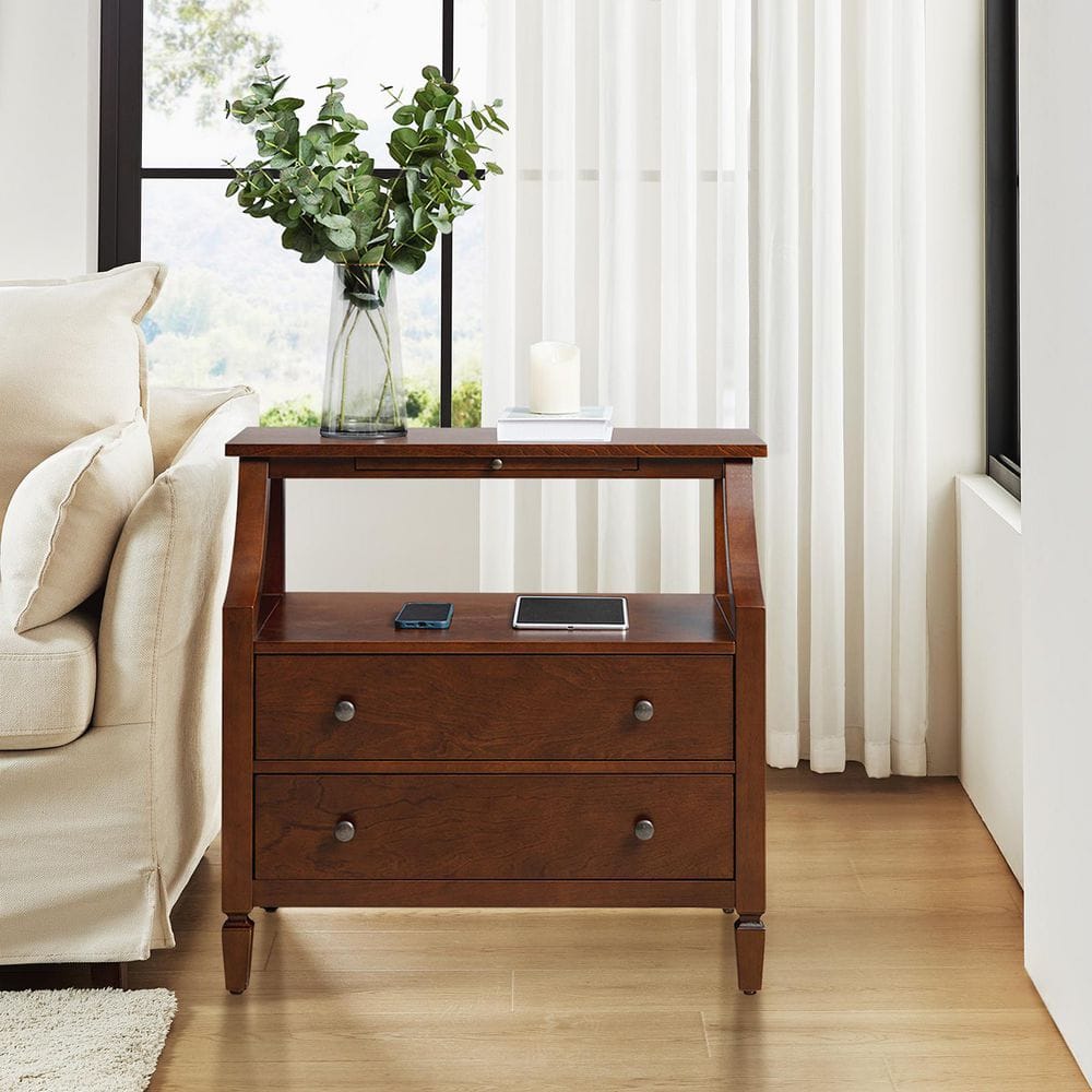 JAYDEN CREATION Jacqueline Walnut 2-Drawer Nightstand with Built