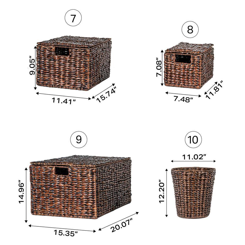 Handwoven Dark Brown Hyacinth Storage Basket Set with Iron Frame