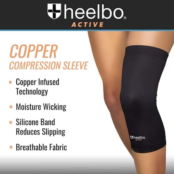  Heelbo Knee Compression Sleeve with Copper Infused Fibers and  Breathable Fabric for Knee Pain Relief, Knee Support, Sore Muscles and  Joints for Running, Jogging, Hiking or Arthritis, Black, Large : Health