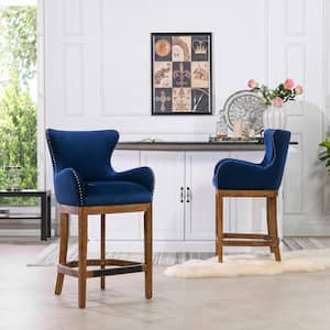 Blake 28 in. Blue Velvet Modern Kitchen Counter Height Bar Stool with Armrests with Wood Frame