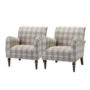 Mandan Tan Contemporary and Classic Upholstered Plaid Pattern Accent Armchair with Turned Solid Wood Legs Set of 2