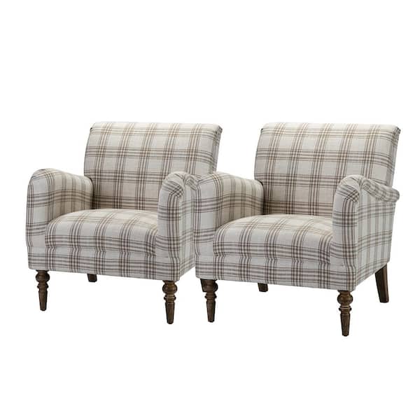 JAYDEN CREATION Mandan Tan Contemporary and Classic Upholstered Plaid Pattern Accent Armchair with Turned Solid Wood Legs Set of 2