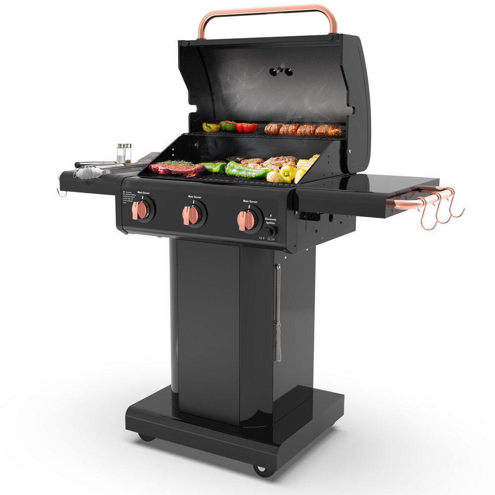 3-Burner Compact Propane Gas Grill in Black with Copper Accent with Foldable Side Tables